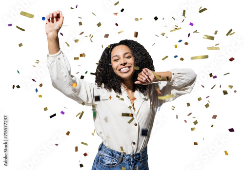 Canvas Print Happy woman with confetti falling everywhere on her isolated transparent PNG, Bi