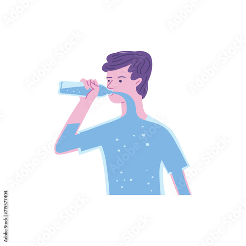 A cartoon man drinking pure water, vector icon of water balance infographic.