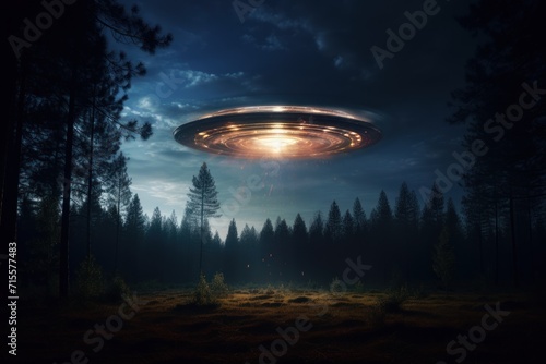 UFO flying in the night sky. Fantasy alien planet. Flying saucer in the dark forest.