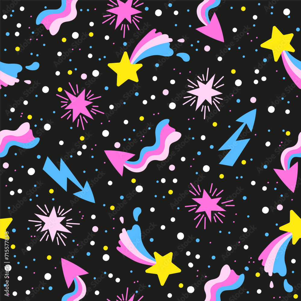 Hand drawn vector seamless pattern of neon stars and meteorites on black night sky. Stylized other space in neon pink and purple colors on a black background