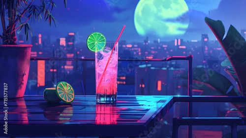 Lo-fi illustration of gin tonic sparkling with lime on a table in a rooftop at night. City skylineDrinks.