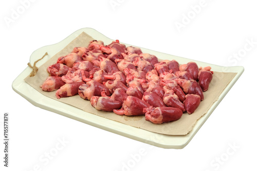 Chicken hearts in board isolated on white background. Raw meat.