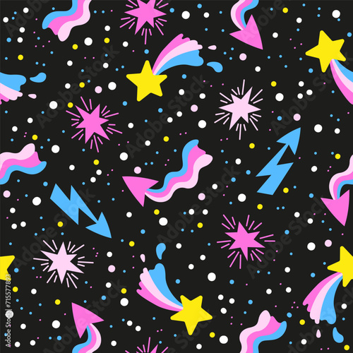 Hand drawn vector seamless pattern of neon stars and meteorites on black night sky. Stylized other space in neon pink and purple colors on a black background
