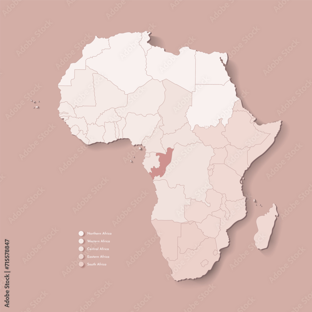 Vector Illustration with African continent with borders of all states and marked country Congo. Political map of Republic of the Congo in brown colors. Beige background