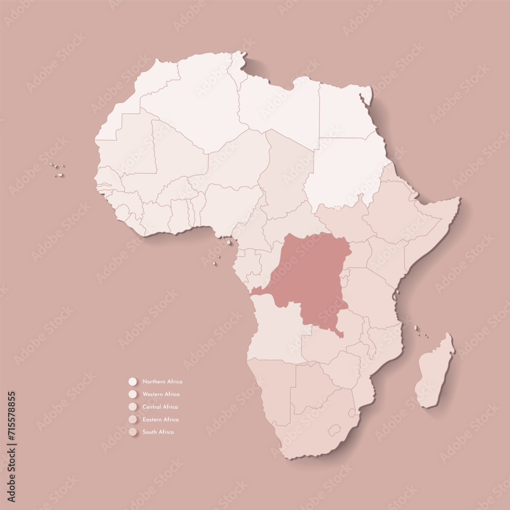 Vector Illustration with African continent with borders of all states and marked country Democratic Republic of the Congo. Political map in brown colors. Beige background