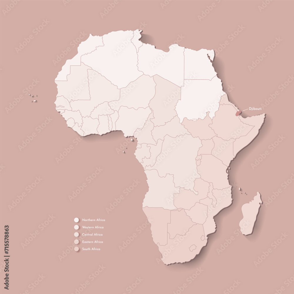 Obraz premium Vector Illustration with African continent with borders of all states and marked country Djibouti. Political map in brown colors with western, south and etc regions. Beige background