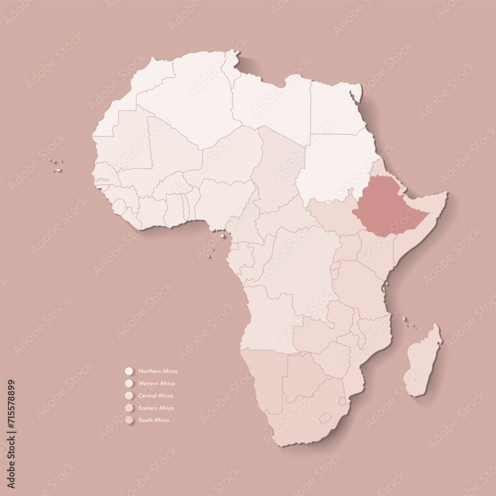 Vector Illustration with African continent with borders of all states and marked country Ethiopia. Political map in brown colors with western, south and etc regions. Beige background