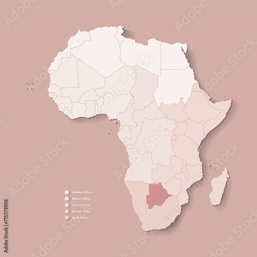 Vector Illustration with African continent with borders of all states and marked country Botswana. Political map in camel brown with central, western, south and etc regions. Beige background