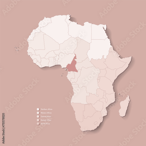 Vector Illustration with African continent with borders of all states and marked country Cameroon. Political map in camel brown with central  western  south and etc regions. Beige background