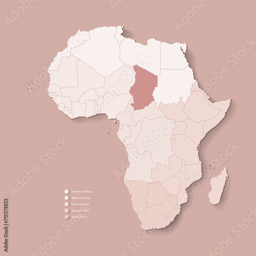Vector Illustration with African continent with borders of all states and marked country Chad. Political map in brown colors with western  south and etc regions. Beige background