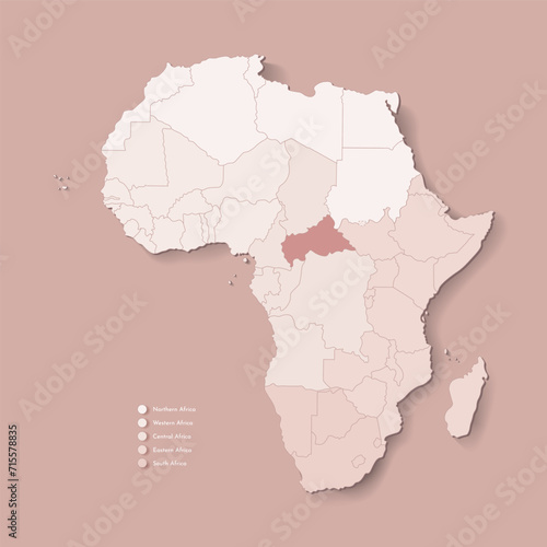 Vector Illustration with African continent with borders of all states and marked country YYY. Political map in camel brown with central  western  south and etc regions. Beige background