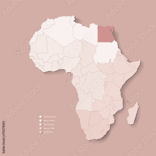 Vector Illustration with African continent with borders of all states and marked country Egypt. Political map in brown colors with western, south and etc regions. Beige background