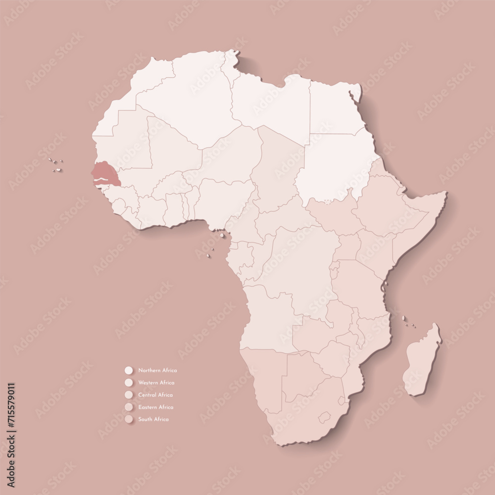 Vector Illustration with African continent with borders of all states and marked country Senegal. Political map in brown colors with western, south and etc regions. Beige background