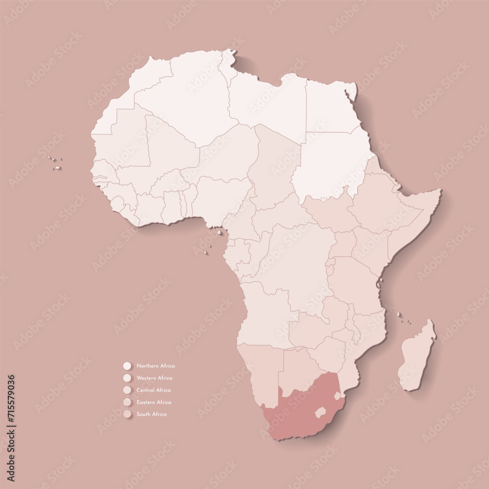Vector Illustration with African continent with borders of all states and marked country South Africa. Political map in brown colors with western, south and etc regions. Beige background