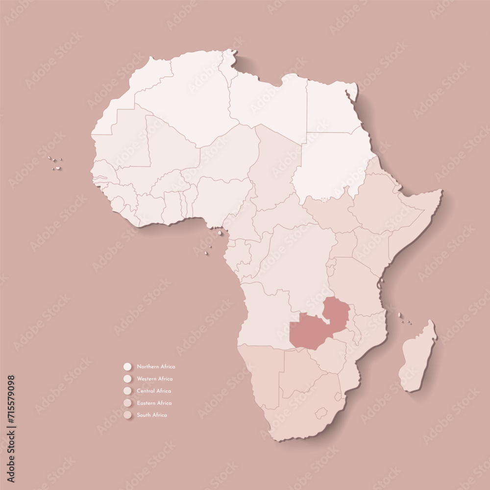 Vector Illustration with African continent with borders of all states and marked country Zambia. Political map in brown colors with western, south and etc regions. Beige background