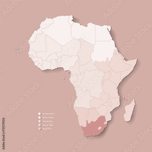 Vector Illustration with African continent with borders of all states and marked country South Africa. Political map in brown colors with western  south and etc regions. Beige background