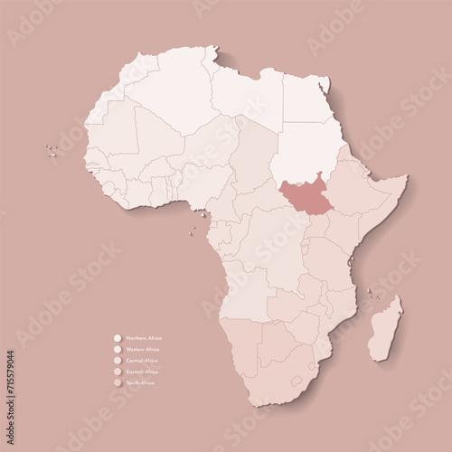 Vector Illustration with African continent with borders of all states and marked country South Sudan. Political map in brown colors with western, south and etc regions. Beige background