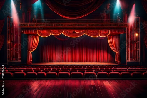 Illuminate the theater stage with spotlights, creating a vibrant backdrop for an opera performance. The empty stage, adorned with bright colors, sets the stage for an entertaining show 