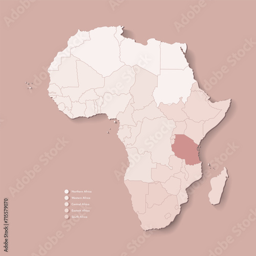 Vector Illustration with African continent with borders of all states and marked country Tanzania. Political map in brown colors with western, south and etc regions. Beige background