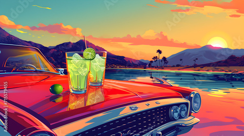 Lo-fi illustration of gin tonic sparkling with lime on the hood of an old classic car by a hillside. Sunset Drinks.