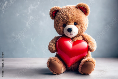 A teddy bear holds a red heart in his hands on a background of flowers as a gift for Valentine's Day, mother's Day, wedding, birthday.  photo