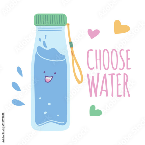 Plastic or glass bottle full of clean water with smiling face, Choose water vector poster, aqua with hearts and splashes