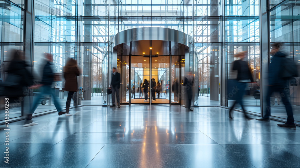 People at office building's entrance during rush hours. Motion blur. People at office building's entrance during rush hours. Motion blur.