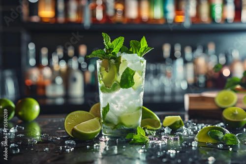 Mojito cocktail and ingredients with bar background photo