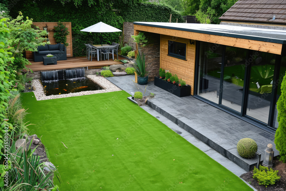 a back garden with artificial grass, grey paving slab patio, summer house garden timber outbuilding, fish pond