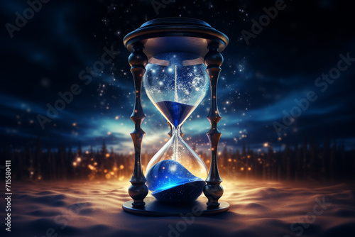 States of mind, culture and religion, life, art concept. Beautiful retro hourglass in surreal desert and night sky with stars background illustration. Fragile and short life metaphor