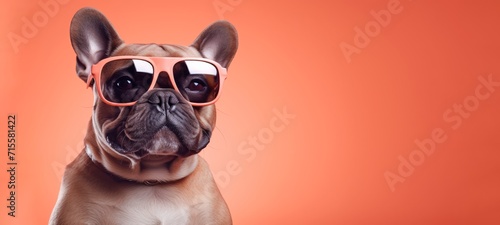 Funny animal pet banner - French bulldog dog with sunglasses, isolated on peach fuzz background © Corri Seizinger