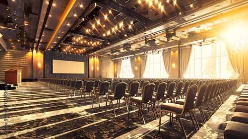 Conference Hall Interior: An empty conference hall with chairs and a presentation screen, creating a professional and organized space for events