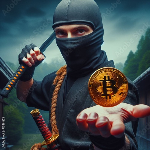 A ninja warrior holding a Bitcoin in his hand1 photo