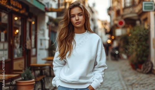 Young woman wearing a plain white adult white cotton sweatshirt full front view in the style of modern pop culture. Mock-up of white girl hoodie with copy space for your text or logo.