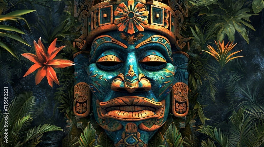 Painting of Mask in Jungle, Mysterious Artwork Amidst Lush Greenery