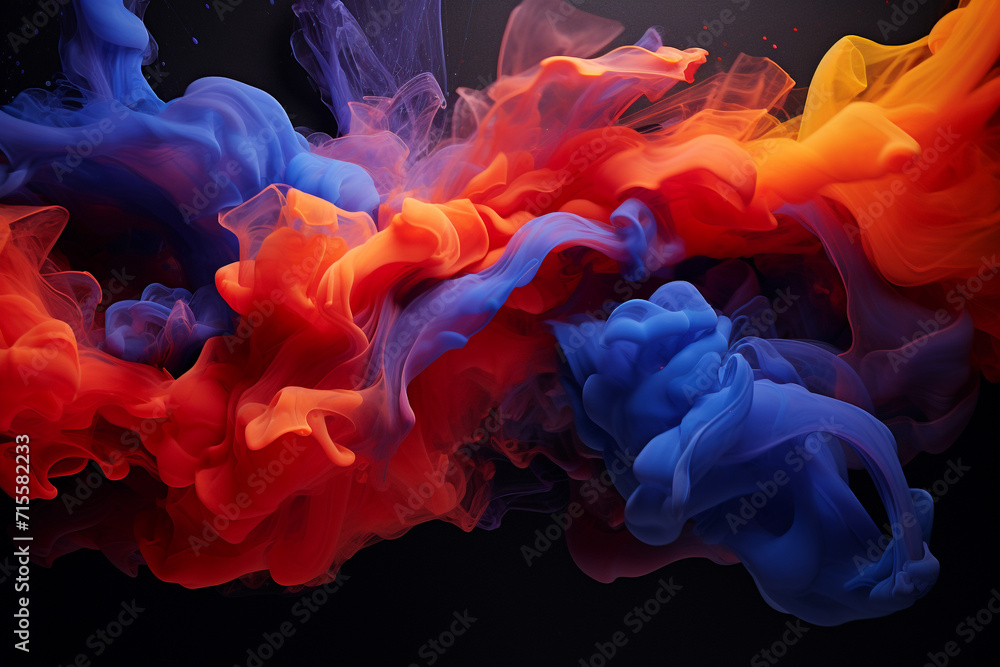Graphic resources of colorful goo, smoke, mist, cloud or dye, paint floating in water or levitating in air. Abstract, minimalist and surreal background with copy space - obrazy, fototapety, plakaty 