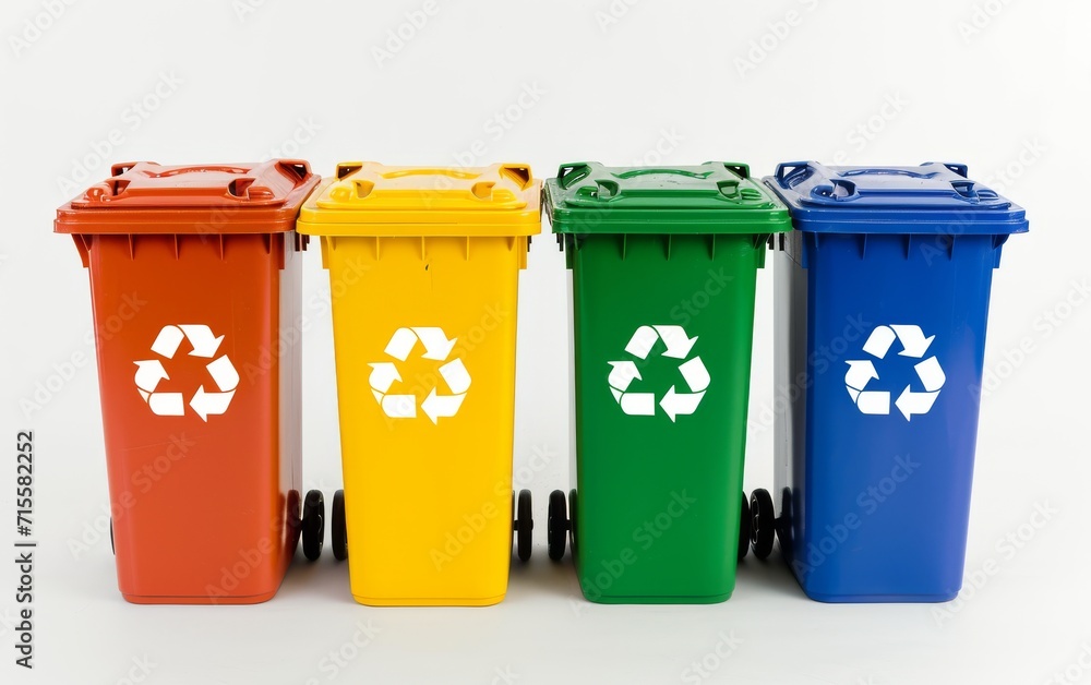 Front view of recyclable bins in 4 different colors on a white background. Front view of recyclable bins in 4 different colors on a white background.