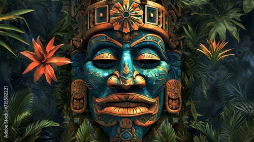Painting of Mask in Jungle  Mysterious Artwork Amidst Lush Greenery