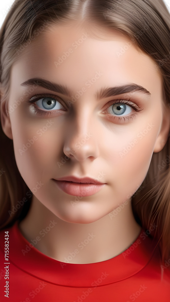 Obraz premium Portrait of a girl with brown hair in a red T-shirt.