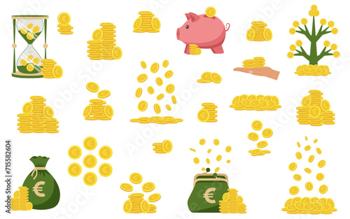 Euro coins. Stack of gold coins. Golden coin pile, money stacks and golds piles. Falling coins, falling money, flying gold coins.