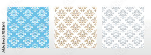 Wallpapers in the style of Baroque. Seamless vector backgrounds. Set of colored floral ornaments. Graphic patterns for fabric, wallpaper, packaging. Ornate Damask flower ornaments