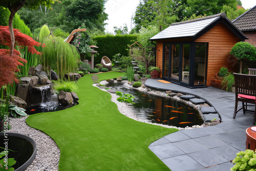 a back garden with artificial grass, grey paving slab patio, summer house garden timber outbuilding, fish pond