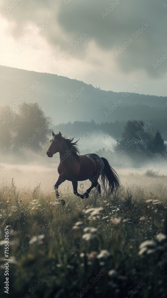 Majestic Horse Galloping Through Lush Green Field Majestic Horse Galloping Through Lush Green Field