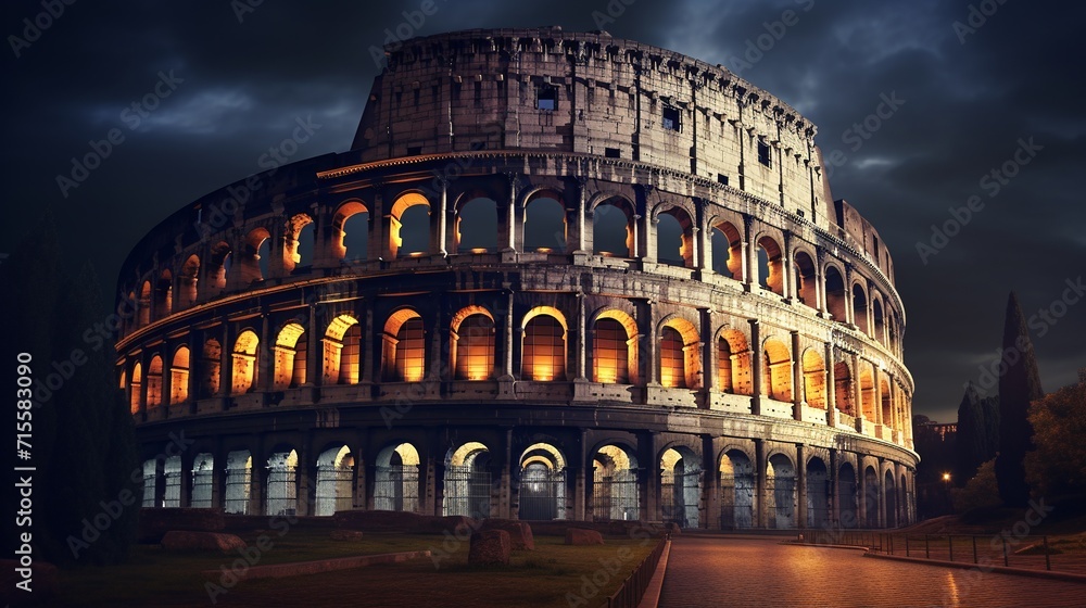 Colosseum at night, Rome, Italy. Travel background. AI.