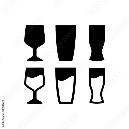 Drink glasses set, black and white icons set