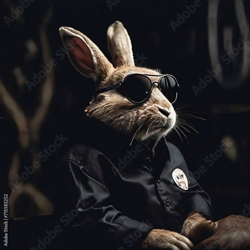 Portrait of a cute rabbit wearing a black shirt and sunglasses.