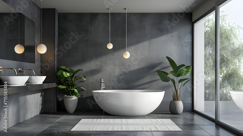 Luxurious beautiful bathroom in gray with a bathtub