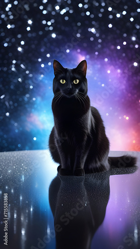 Black cat on a background of halographic sparkles.