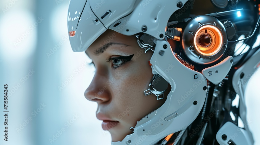 Woman Wearing Futuristic Helmet With Glowing Eyes - Future Technology Portrait Woman Wearing Futuristic Helmet With Glowing Eyes - Future Technology Portrait