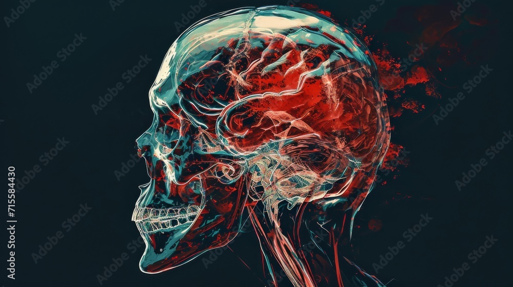 Digital Illustration of a Human Skull and Brain Anatomy on a Dark Background Digital Illustration of a Human Skull and Brain Anatomy on a Dark Background